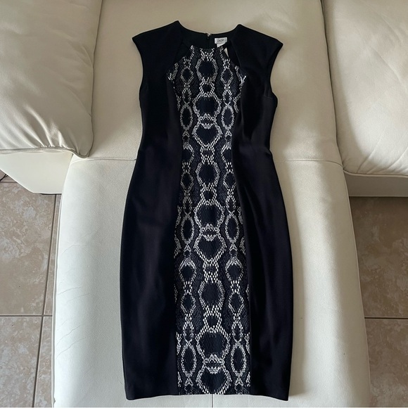 CACHE Black Sheath Dress Snake Skin Print Insert Work/Office Dress Sz 2 - Picture 1 of 4